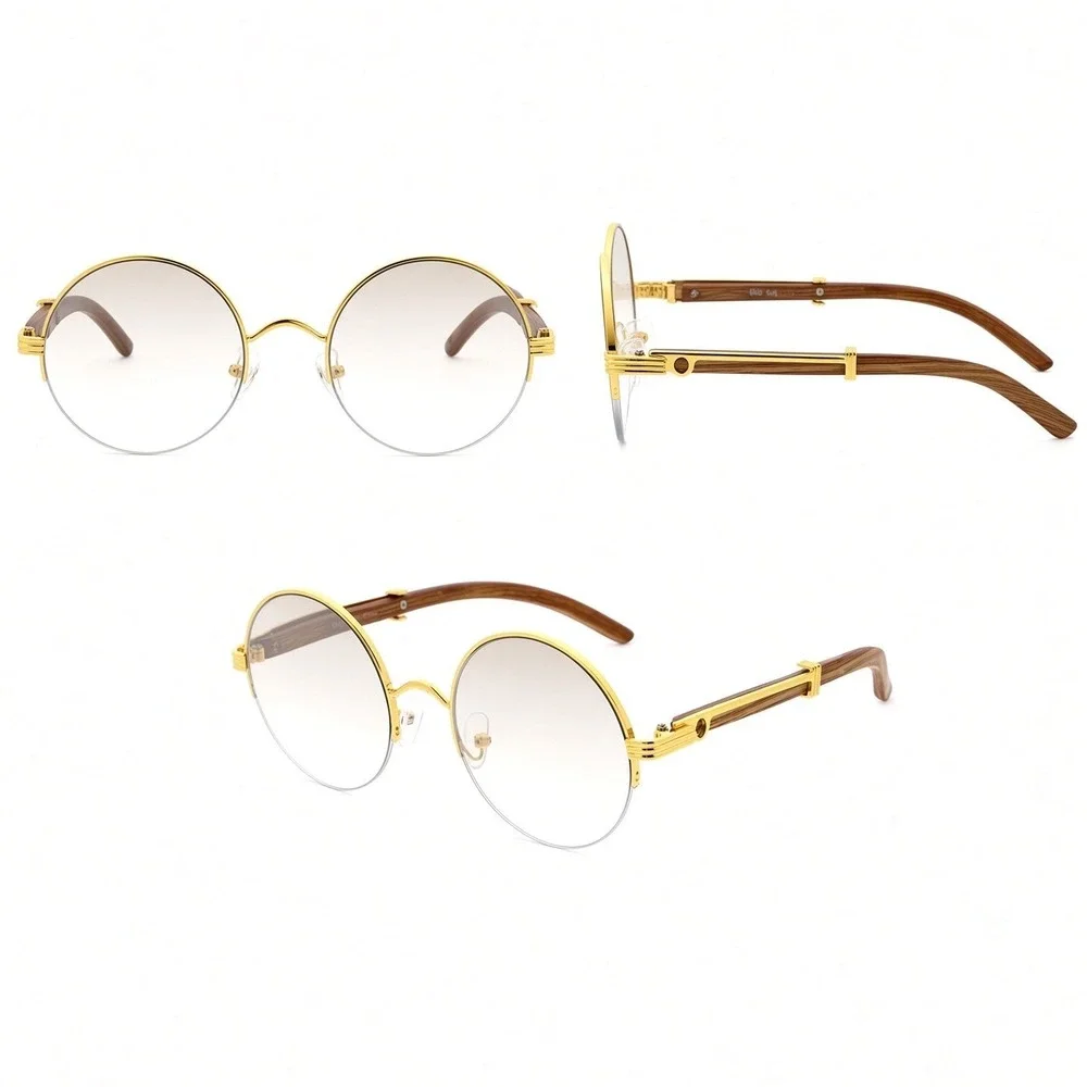 Women Round Sunglasses Gold Frame Wood Temple Vintage Style Clear Lens Festival